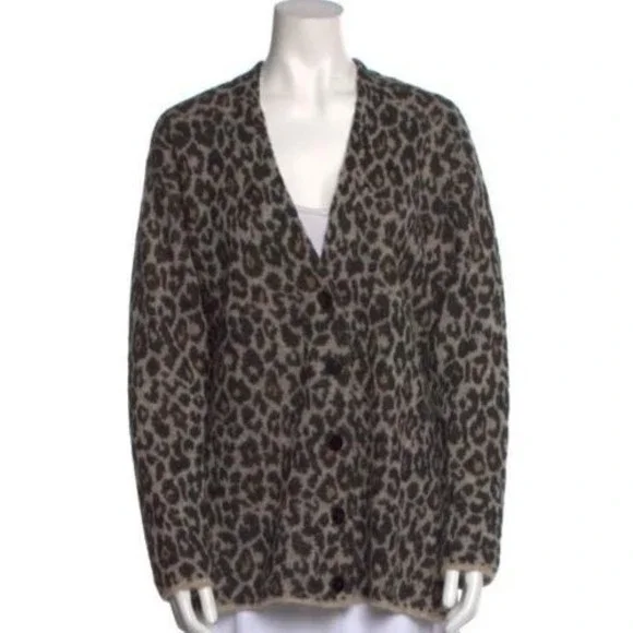 NEW THEORYsize L Leopard Print Jacquard Cardigan Alpaca Blend Button $395